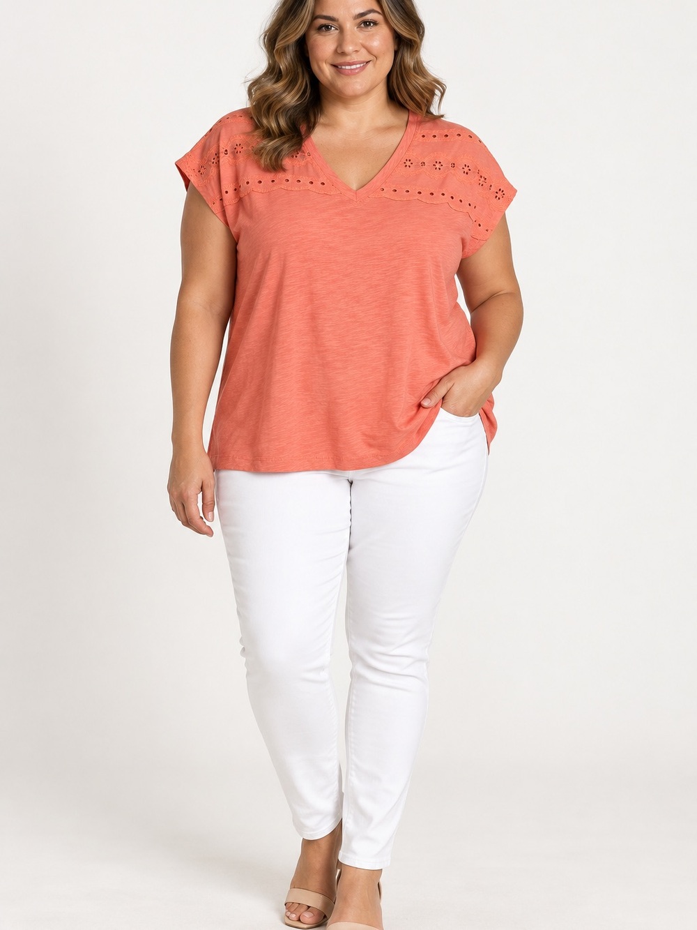Design History Coral Eyelet Cotton V-Neck Top 1X